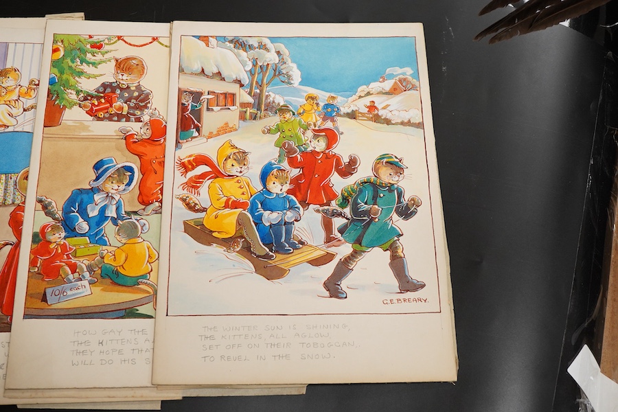 Gertrude Breary, Set of six original watercolours for children's postcard designs, Humourous cats, to include, Toboganning and Carol Singing, each signed, unframed, watercolours on card, 27 x 19cm